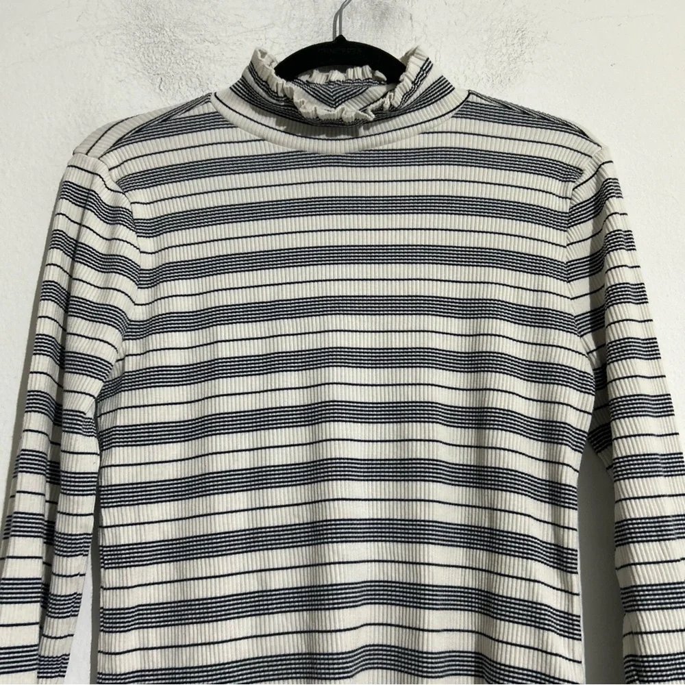 J. Crew Vintage Rib Ruffle Mockneck Long Sleeve Tee in Stripe Coastal Preppy